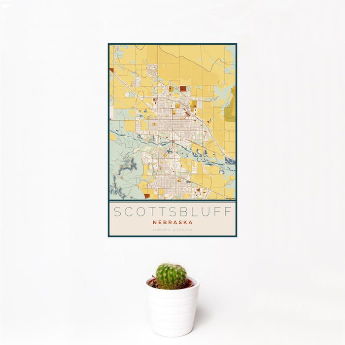 12x18 Scottsbluff Nebraska Map Print Portrait Orientation in Woodblock Style With Small Cactus Plant in White Planter