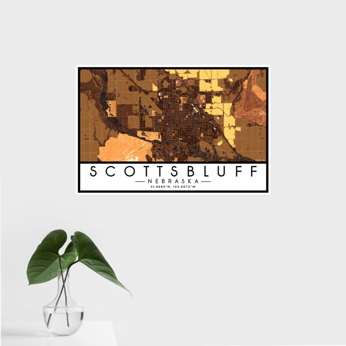 16x24 Scottsbluff Nebraska Map Print Landscape Orientation in Ember Style With Tropical Plant Leaves in Water