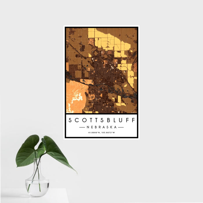 16x24 Scottsbluff Nebraska Map Print Portrait Orientation in Ember Style With Tropical Plant Leaves in Water