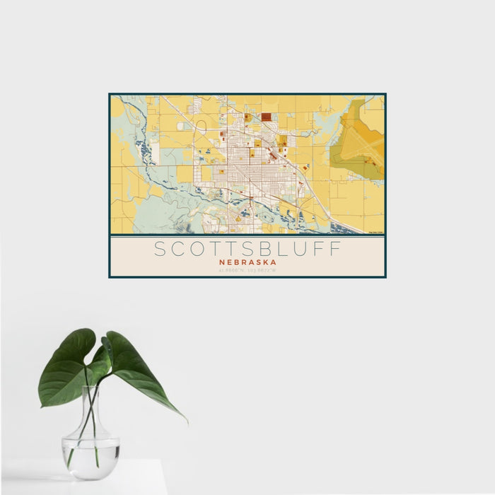 16x24 Scottsbluff Nebraska Map Print Landscape Orientation in Woodblock Style With Tropical Plant Leaves in Water
