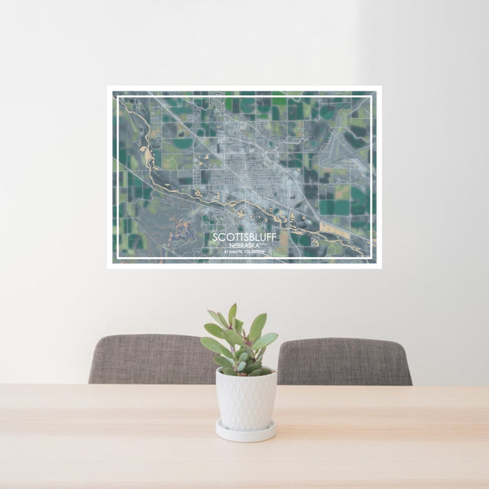 24x36 Scottsbluff Nebraska Map Print Lanscape Orientation in Afternoon Style Behind 2 Chairs Table and Potted Plant