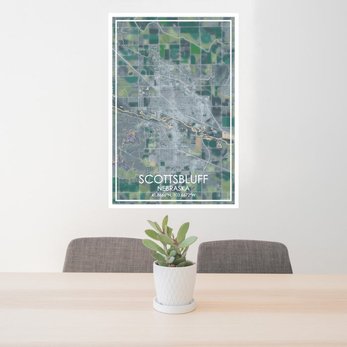 24x36 Scottsbluff Nebraska Map Print Portrait Orientation in Afternoon Style Behind 2 Chairs Table and Potted Plant