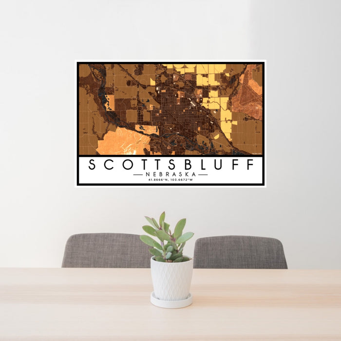 24x36 Scottsbluff Nebraska Map Print Lanscape Orientation in Ember Style Behind 2 Chairs Table and Potted Plant