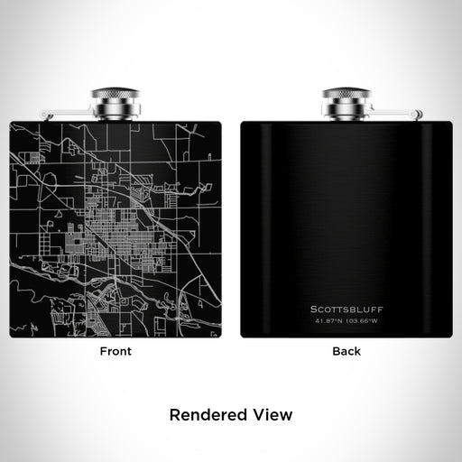 Rendered View of Scottsbluff Nebraska Map Engraving on 6oz Stainless Steel Flask in Black