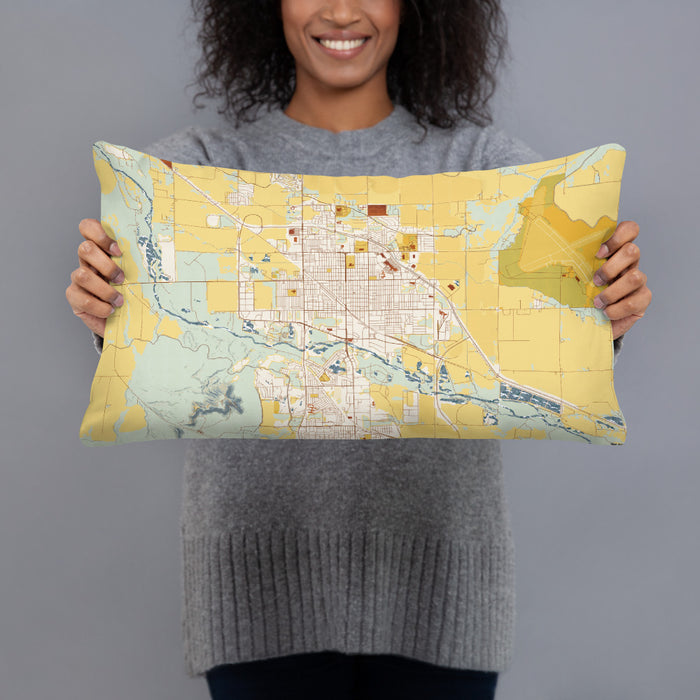Person holding 20x12 Custom Scottsbluff Nebraska Map Throw Pillow in Woodblock