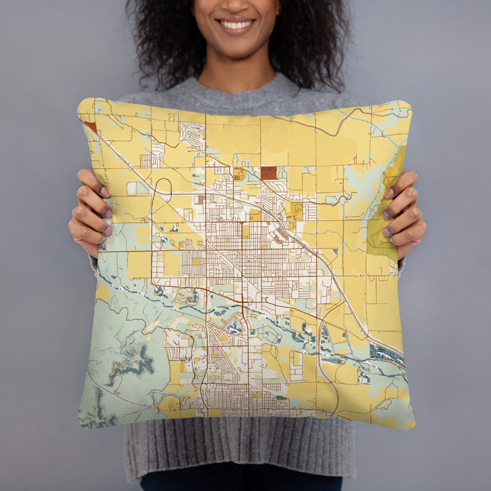 Person holding 18x18 Custom Scottsbluff Nebraska Map Throw Pillow in Woodblock