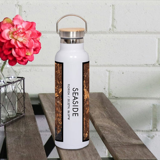 Seaside Florida Custom City Map Inscription Coordinates on 20oz Stainless Steel Insulated Bottle with Bamboo Top with printed ember style map