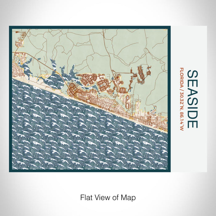 Rendered View of Seaside Florida Map on 20oz Stainless Steel Insulated Bottle with Bamboo Top with printed woodblock style map