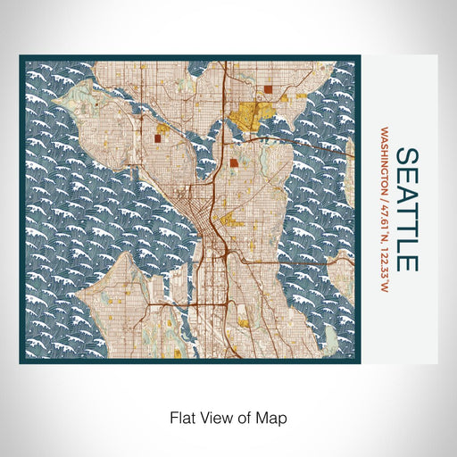 Rendered View of Seattle Washington Map on 20oz Stainless Steel Insulated Bottle with Bamboo Top with printed woodblock style map