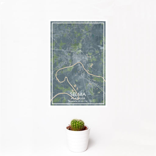 12x18 Selma Alabama Map Print Portrait Orientation in Afternoon Style With Small Cactus Plant in White Planter