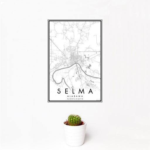 12x18 Selma Alabama Map Print Portrait Orientation in Classic Style With Small Cactus Plant in White Planter