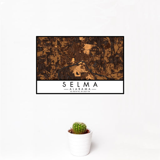 12x18 Selma Alabama Map Print Landscape Orientation in Ember Style With Small Cactus Plant in White Planter