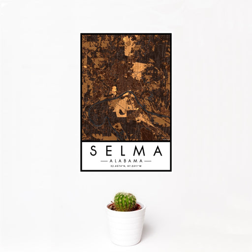 12x18 Selma Alabama Map Print Portrait Orientation in Ember Style With Small Cactus Plant in White Planter