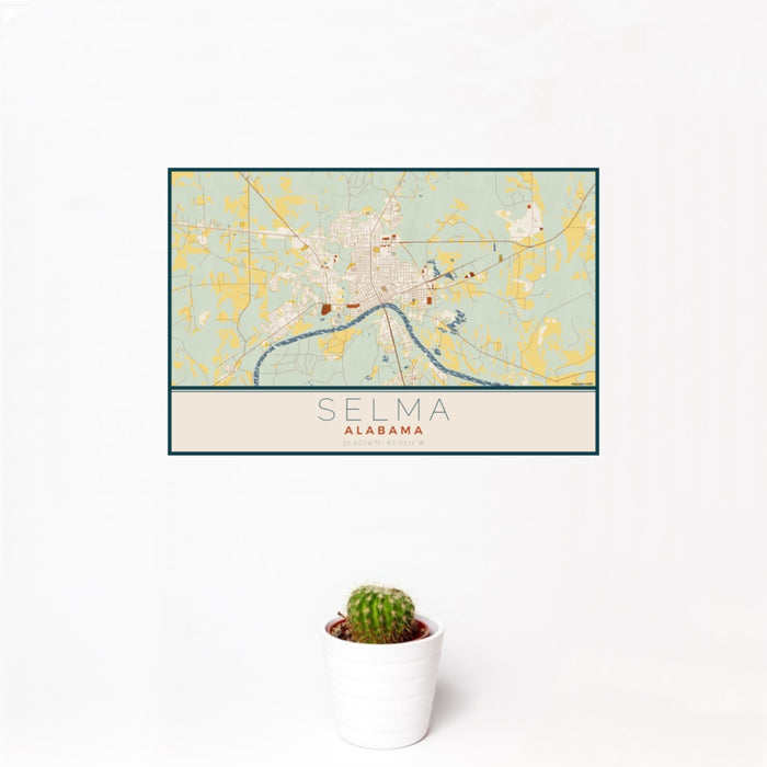 12x18 Selma Alabama Map Print Landscape Orientation in Woodblock Style With Small Cactus Plant in White Planter