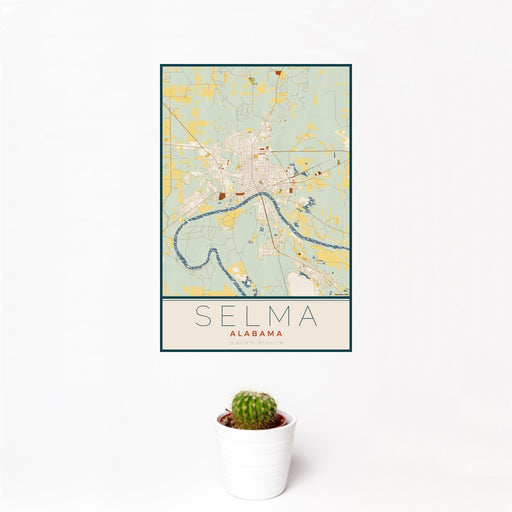12x18 Selma Alabama Map Print Portrait Orientation in Woodblock Style With Small Cactus Plant in White Planter