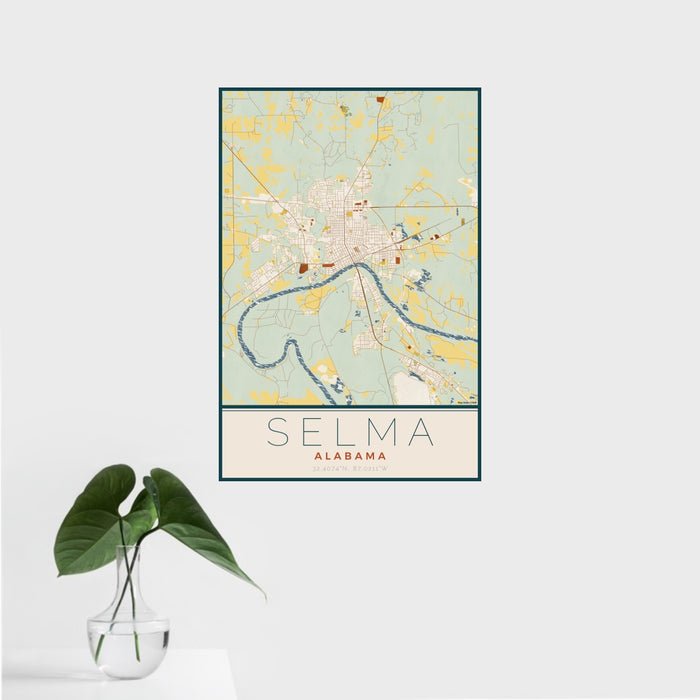 16x24 Selma Alabama Map Print Portrait Orientation in Woodblock Style With Tropical Plant Leaves in Water