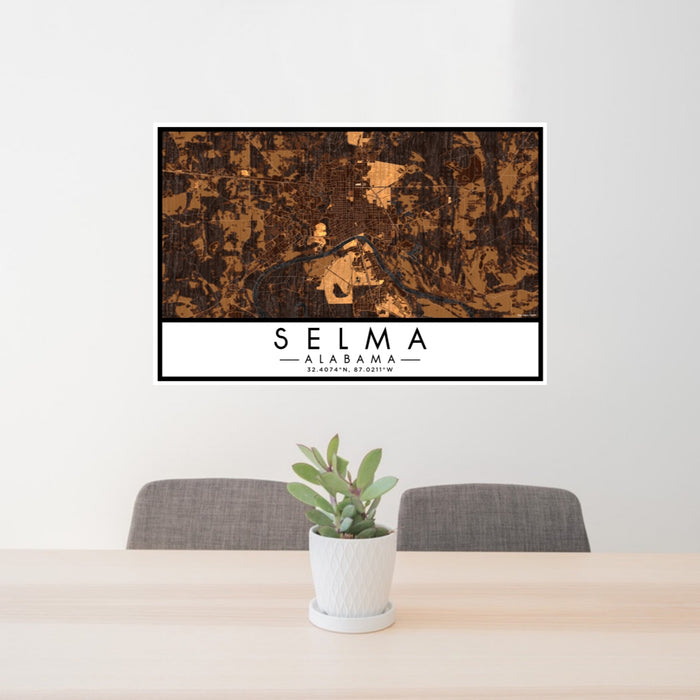 24x36 Selma Alabama Map Print Lanscape Orientation in Ember Style Behind 2 Chairs Table and Potted Plant