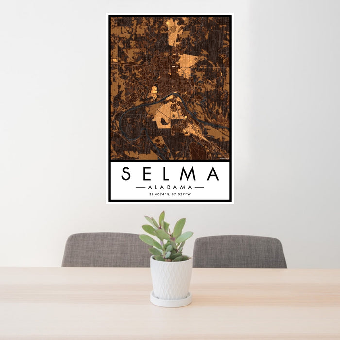 24x36 Selma Alabama Map Print Portrait Orientation in Ember Style Behind 2 Chairs Table and Potted Plant