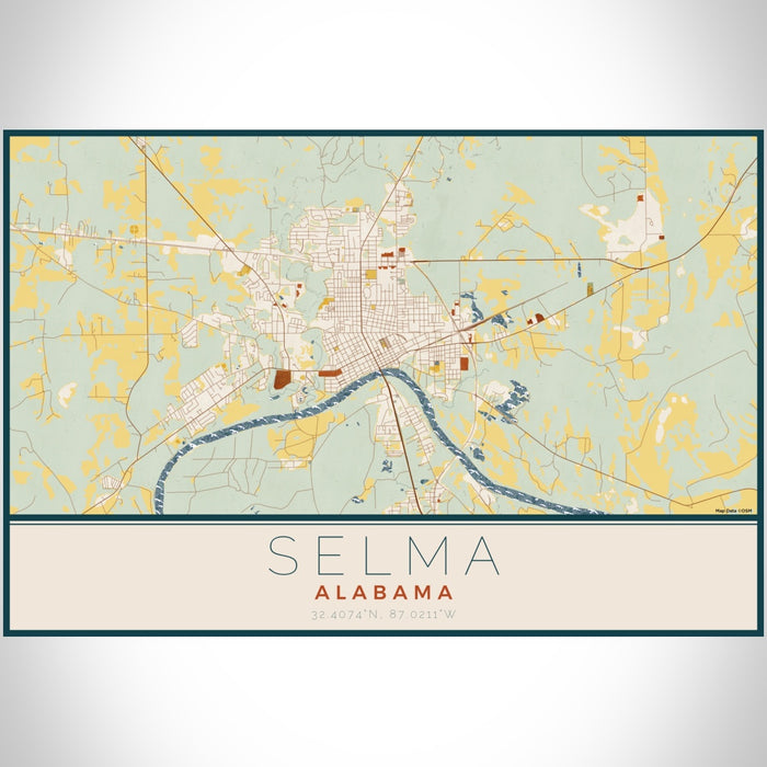 Selma Alabama Map Print Landscape Orientation in Woodblock Style With Shaded Background