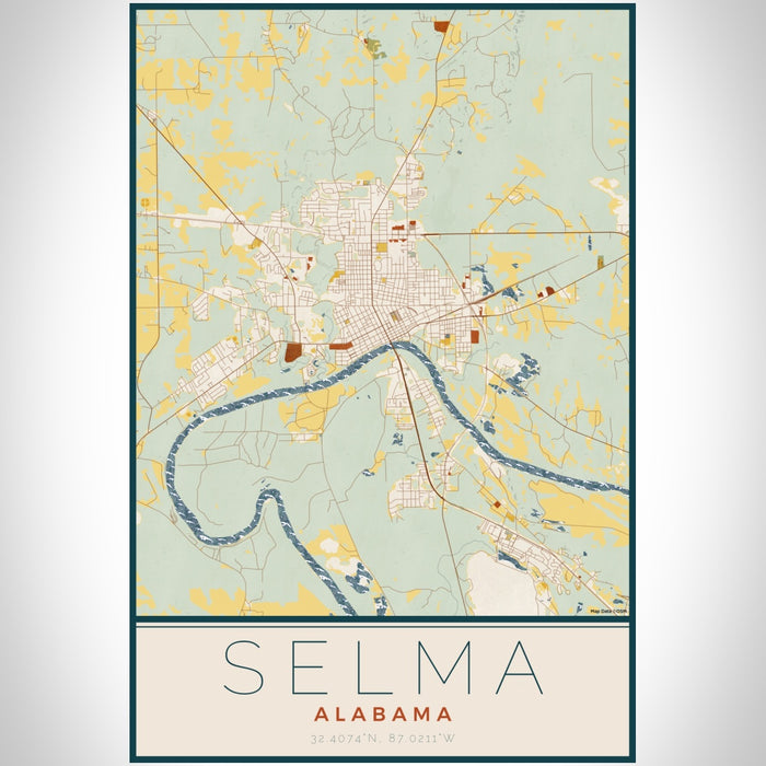 Selma Alabama Map Print Portrait Orientation in Woodblock Style With Shaded Background