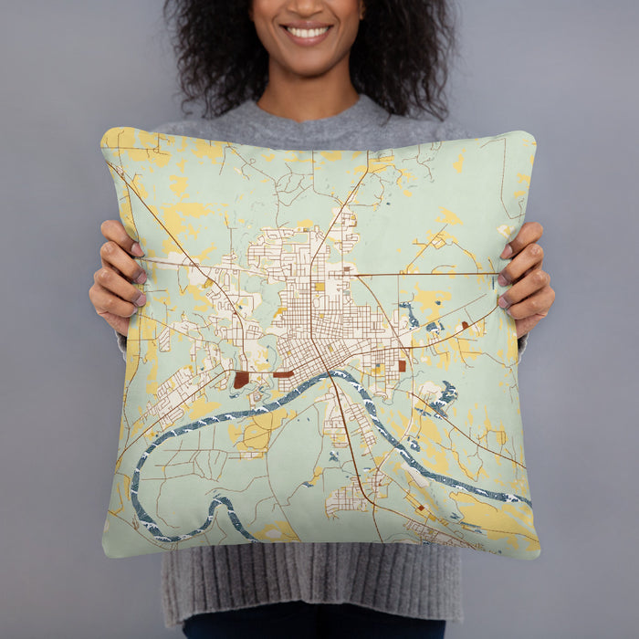 Person holding 18x18 Custom Selma Alabama Map Throw Pillow in Woodblock