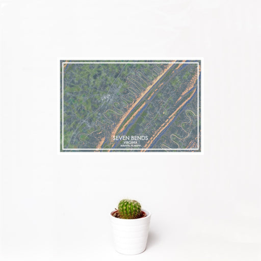 12x18 Seven Bends Virginia Map Print Landscape Orientation in Afternoon Style With Small Cactus Plant in White Planter