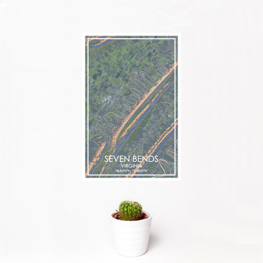 12x18 Seven Bends Virginia Map Print Portrait Orientation in Afternoon Style With Small Cactus Plant in White Planter