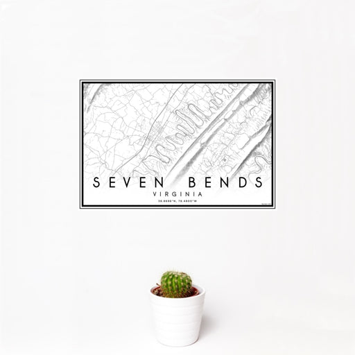 12x18 Seven Bends Virginia Map Print Landscape Orientation in Classic Style With Small Cactus Plant in White Planter