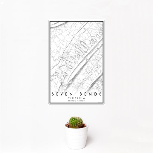 12x18 Seven Bends Virginia Map Print Portrait Orientation in Classic Style With Small Cactus Plant in White Planter
