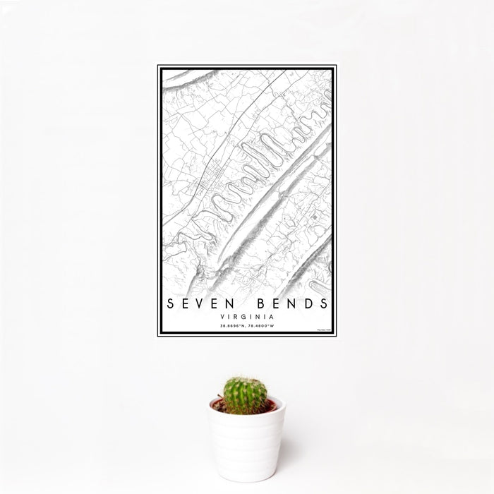 12x18 Seven Bends Virginia Map Print Portrait Orientation in Classic Style With Small Cactus Plant in White Planter