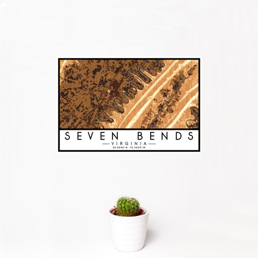 12x18 Seven Bends Virginia Map Print Landscape Orientation in Ember Style With Small Cactus Plant in White Planter
