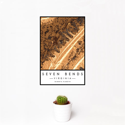 12x18 Seven Bends Virginia Map Print Portrait Orientation in Ember Style With Small Cactus Plant in White Planter