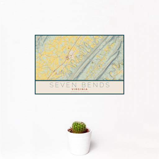 12x18 Seven Bends Virginia Map Print Landscape Orientation in Woodblock Style With Small Cactus Plant in White Planter