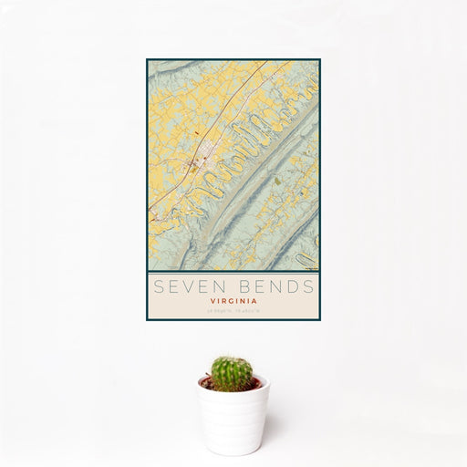 12x18 Seven Bends Virginia Map Print Portrait Orientation in Woodblock Style With Small Cactus Plant in White Planter