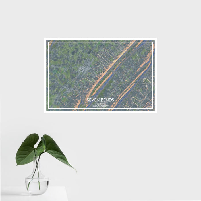 16x24 Seven Bends Virginia Map Print Landscape Orientation in Afternoon Style With Tropical Plant Leaves in Water