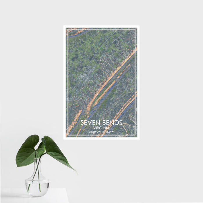 16x24 Seven Bends Virginia Map Print Portrait Orientation in Afternoon Style With Tropical Plant Leaves in Water