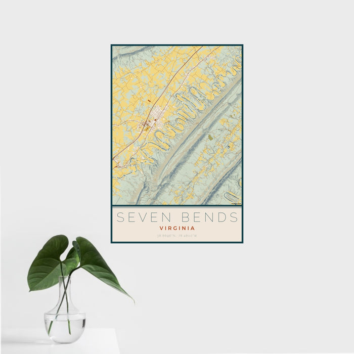16x24 Seven Bends Virginia Map Print Portrait Orientation in Woodblock Style With Tropical Plant Leaves in Water