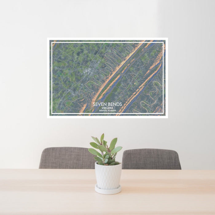 24x36 Seven Bends Virginia Map Print Lanscape Orientation in Afternoon Style Behind 2 Chairs Table and Potted Plant