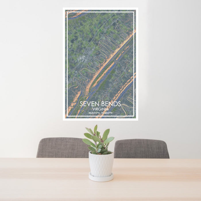 24x36 Seven Bends Virginia Map Print Portrait Orientation in Afternoon Style Behind 2 Chairs Table and Potted Plant
