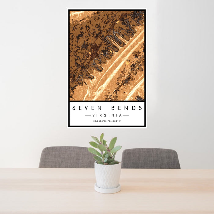 24x36 Seven Bends Virginia Map Print Portrait Orientation in Ember Style Behind 2 Chairs Table and Potted Plant