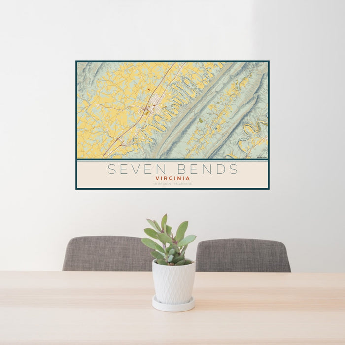 24x36 Seven Bends Virginia Map Print Lanscape Orientation in Woodblock Style Behind 2 Chairs Table and Potted Plant