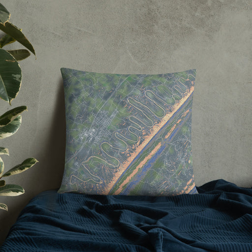 Custom Seven Bends Virginia Map Throw Pillow in Afternoon on Bedding Against Wall