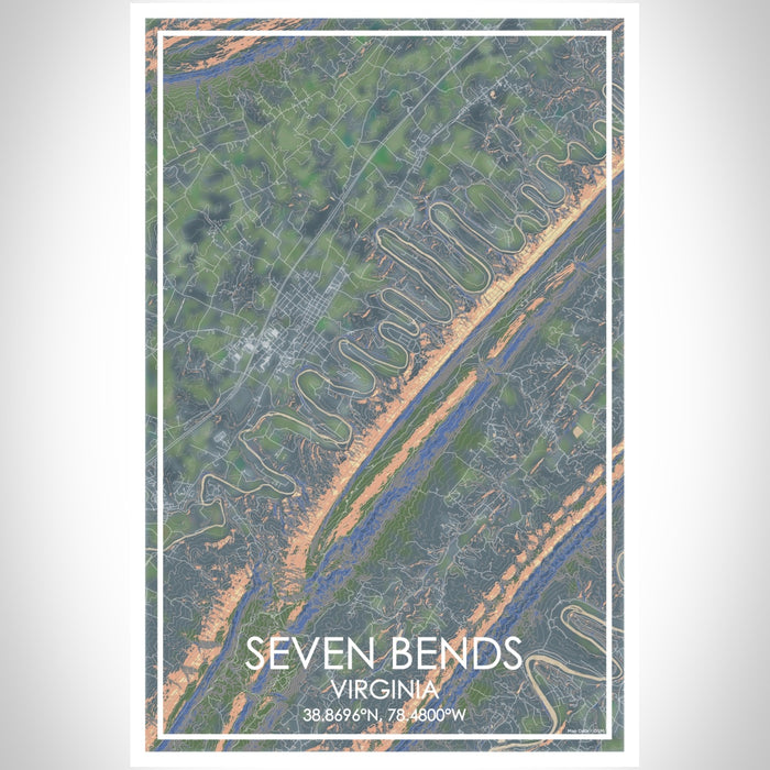 Seven Bends Virginia Map Print Portrait Orientation in Afternoon Style With Shaded Background