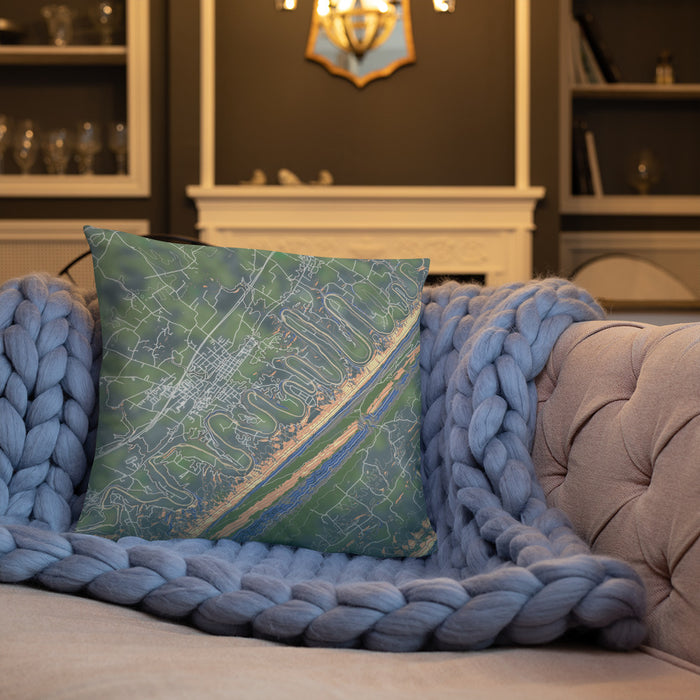 Custom Seven Bends Virginia Map Throw Pillow in Afternoon on Cream Colored Couch