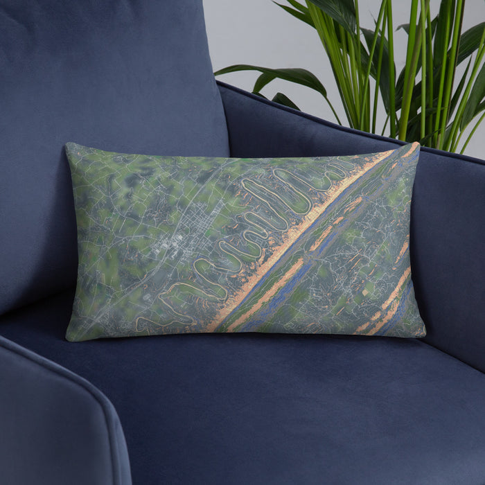 Custom Seven Bends Virginia Map Throw Pillow in Afternoon on Blue Colored Chair