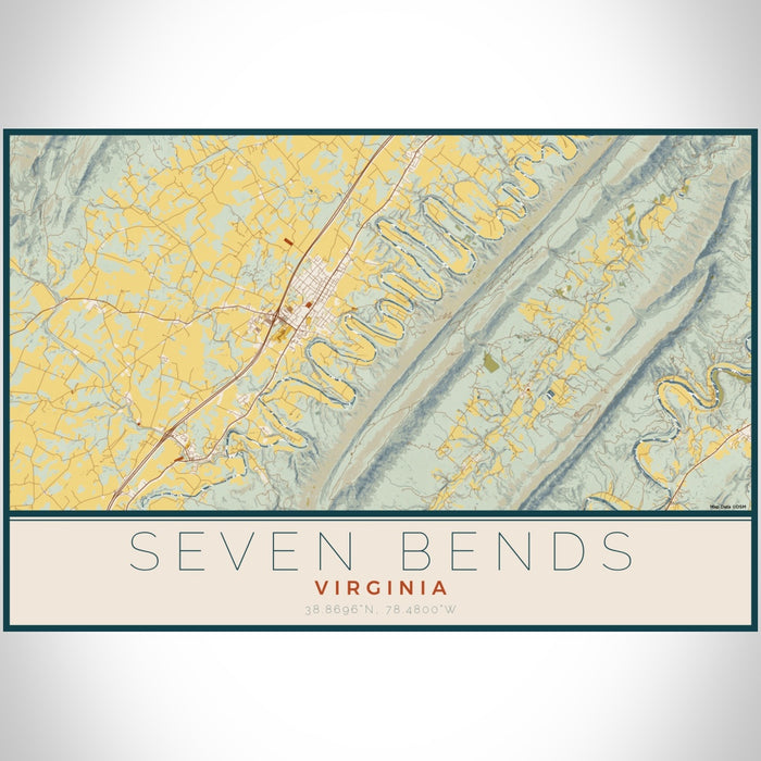 Seven Bends Virginia Map Print Landscape Orientation in Woodblock Style With Shaded Background