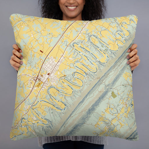 Person holding 22x22 Custom Seven Bends Virginia Map Throw Pillow in Woodblock