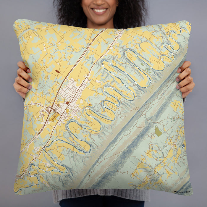 Person holding 22x22 Custom Seven Bends Virginia Map Throw Pillow in Woodblock
