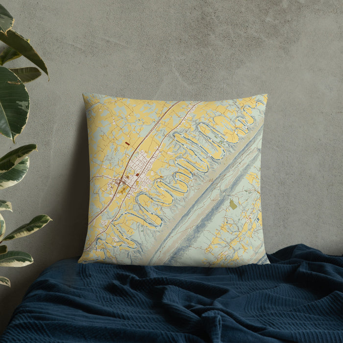 Custom Seven Bends Virginia Map Throw Pillow in Woodblock on Bedding Against Wall