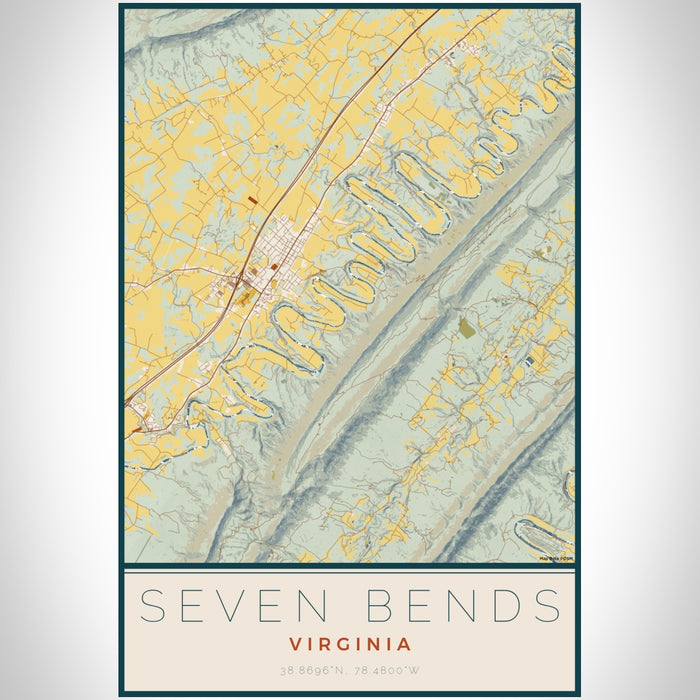 Seven Bends Virginia Map Print Portrait Orientation in Woodblock Style With Shaded Background